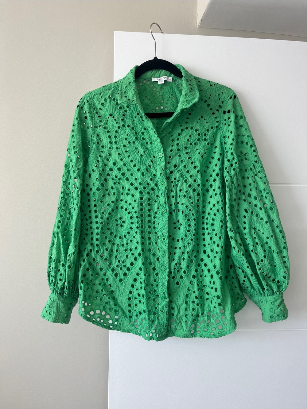 Chico's Sz 2 L Cut-Away Boho Paisley All Embroidered Eyelet Shirt